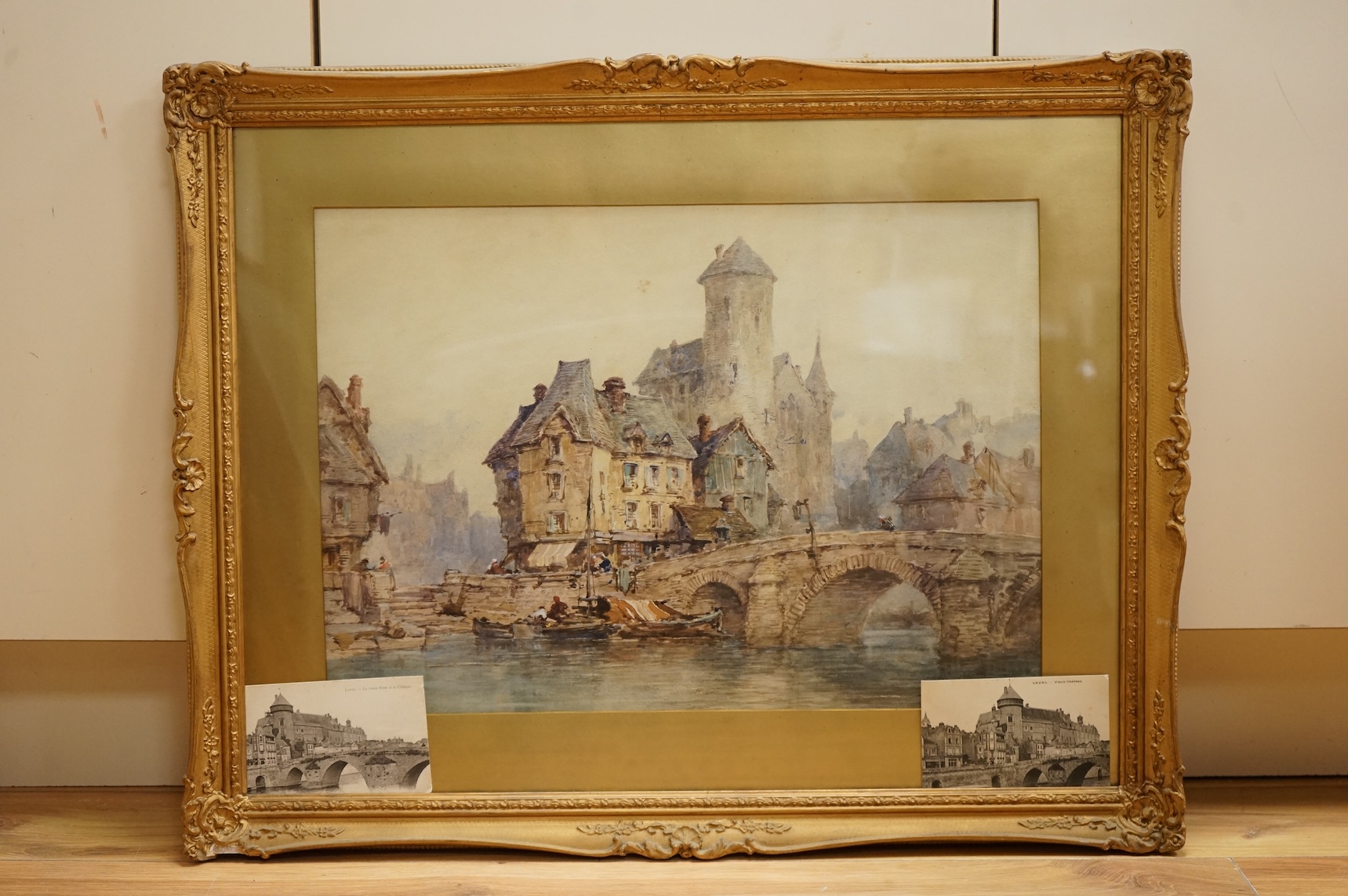 Paul Marny (1829-1914), watercolour, ‘Pont Vieux, Laval’, signed, ornate gilt framed, 38 x 51cm